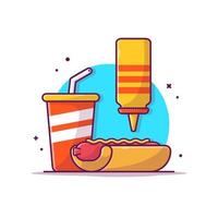 Hot Dog With Mustard And Soft Drink Cartoon Vector Icon Illustration.  Food Object Icon Concept Isolated Premium Vector. Flat Cartoon Style