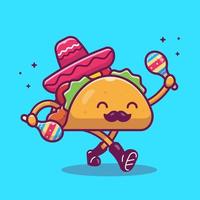 sombrero sombrero bigote taco tocando maracas con ilustración de icono de vector de dibujos animados de arranque. concepto de icono de moda de alimentos vector premium aislado. estilo de dibujos animados plana