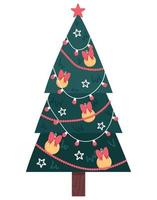 Decorated christmas tree isolated on white background. Hand drawn vector flat illustration