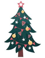 Decorated christmas tree isolated on white background. Hand drawn vector flat illustration