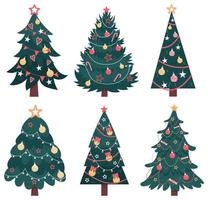 Set of isolated christmas trees on white background. Decorated christmas tree collection. Hand drawn vector flat illustration