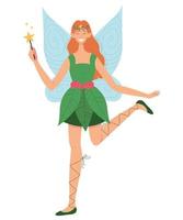 Cartoon fairy girl with magic wand and wings smiling. Halloween costume for girl. vector