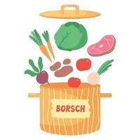 Ingredients for borsch. Meat, beets, potatoes, carrots, onions, cabbage, tomatoes. Traditional Ukrainian soup in a orange pot Isolated on a white background. vector