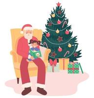 Santa Claus sitting on armchair. Santa Claus holding little smiling girl his lap and reading the book beside a Christmas tree. Flat vector illustration isolated on white background.