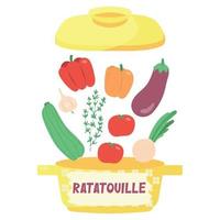 ingredientes para ratatouille. pimientos, calabacín, berenjena, tomate, cebolla, ajo y tomillo. ragú de verduras guisadas en una olla amarilla aislada en un fondo blanco. vector