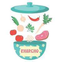 Ingredients for kharcho. Chili pepper, beef, tomatoes, onion, garlic, parsley root, rice and cilantro. Georgian soup in a blue pot Isolated on a white background. vector