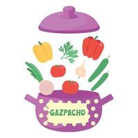 Ingredientes para gazpacho. pimientos, pepinos, tomates, cebolla, ajo y cilantro. sopa fría de tomate en una olla morada aislada en un fondo blanco. vector