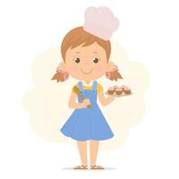 Young girl chef cook and hold tray of sweet cupcakes with cream vector