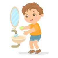 Little boy washing hand with water and soap. vector