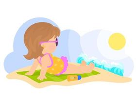 chica en traje de baño con protector solar, relajándose en la playa. vector