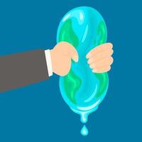 Hand squeezing earth with water drops, environmental concept. vector