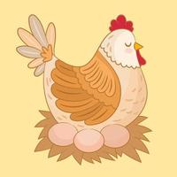 una gallina está incubando los huevos en el gallinero vector