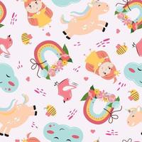 Princess seamless pattern with rainbows, princess, unicorns, birds, bees and clouds. Children pattern for textile, paper, wallpaper, backgrounds, packaging. Vector pattern.