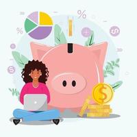 Happy pretty woman with a piggy bank on the background. Stocks, money, finance savings concept. For flyer, poster, web banner, website development. vector