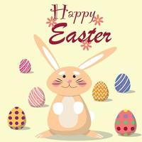 Cute Easter bunny surrounded by painted eggs. For cards, posters, advertisements. Vector illustration.