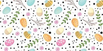 Easter seamless pattern with bees and easter eggs, flowers, dots and leaves. Cute seamless pattern for children textile, wrapping paper, wallpaper, packaging. Vector pattern.