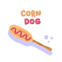 Rustic closeup of fried corndog with ketchup and text. vector