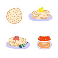 Pancakes with caviar, butter and jam vector elements collection.