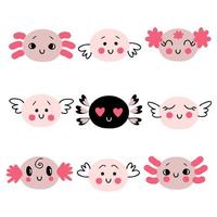 Doodle collection of axolotls faces with different emotions. vector