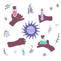 Hands with magic esoteric objects doodle collection. vector