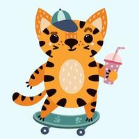 Cute cartoon striped tiger. A cat in a cap holds a summer cocktail in his hands. The animal is riding a skateboard. Vector icon isolated on white. Flat style, childish print. The symbol of 2022.