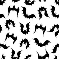 Seamless vector pattern with bats. Black silhouettes of animals on a white background. Nocturnal predators fly in various positions. Ornament for Halloween decoration. Monochrome. Vampire beasts.