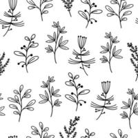 Seamless vector pattern with botanical elements. Flowers, branches with leaves, medicinal plants on a white background. Hand drawn doodle, twig outline. Monochrome. Sketch of herbs.