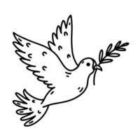Dove of peace vector icon. Hand drawn illustration isolated on white background. Beautiful flying bird holds an olive branch in its beak. Symbol of hope, faith, love. Nestling sketch, religious sign