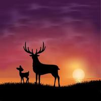 Silhouette of deer and fawn isolated on sunset background. Elegant sunset background with deer and fawn vector illustration