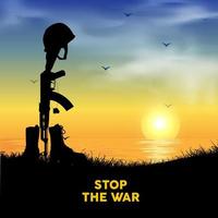 International Day of Peace and stop war design with sunset background. Elegant sunset background with silhouette of rifle weapon, helm, and boot military. Stop the war background vector illustration