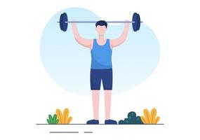 gente del gimnasio haciendo ejercicio levantando pesas y pesas, trotando en cinta rodante, deporte, bienestar o fitness en una ilustración de fondo de afiche plano vector