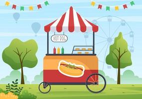 gente comiendo en comida callejera al aire libre sirviendo comida rápida como pizza, hamburguesa, hot dog o tacos en dibujos animados planos ilustración de carteles de fondo vector