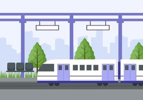 estación de tren con paisaje de transporte de tren, plataforma para la salida y metro interior subterráneo en ilustración de cartel de fondo plano vector