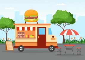 camión de comida y calle al aire libre que sirve comida rápida como pizza, hamburguesa, perrito caliente o tacos en una ilustración plana de carteles de dibujos animados vector