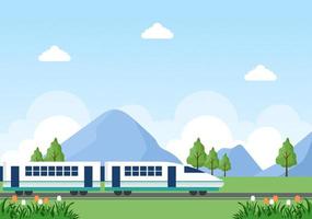 View of Train on Mountain or Sea in Flat Poster Illustration Background vector