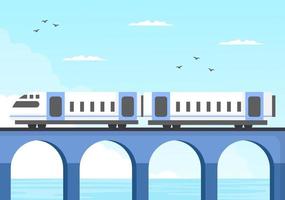 View of Train on Mountain or Sea in Flat Poster Illustration Background vector