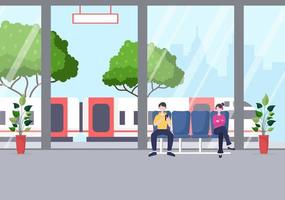 estación de tren con gente, paisaje de transporte de tren, plataforma para la salida y metro interior subterráneo en ilustración de cartel de fondo plano vector