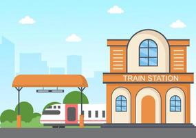 Train Station Building with Train Transport Scenery, Platform for Departure, Arrival of Trains and Passenger in Flat Background Poster Illustration vector