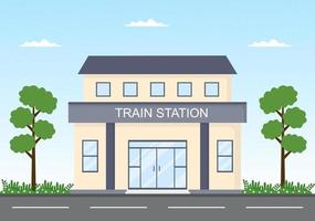 edificio de la estación de tren con paisajes de transporte de trenes, plataforma para la salida, llegada de trenes y pasajeros en la ilustración de un cartel de fondo plano vector
