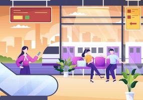 estación de tren con gente, paisaje de transporte de tren, plataforma para la salida y metro interior subterráneo en ilustración de cartel de fondo plano vector