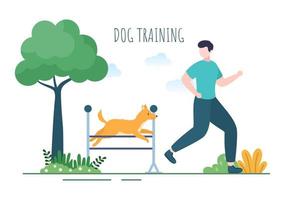 Dogs Training Center at Playground with Instructor Teaching Pets or Play for Tricks and Jumping Skills in Flat Cartoon Background Illustration vector