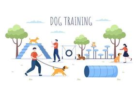 centro de entrenamiento de perros en el patio de recreo con instructor enseñando mascotas o jugando para trucos y habilidades de salto en ilustración de fondo de caricatura plana vector