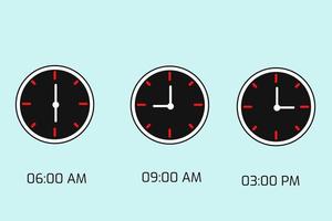 Black time clock icon isolated on a green background and showing 6am, 9am and 3pm