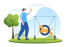 Dogs Training Center at Playground with Instructor Teaching Pets or Play for Tricks and Jumping Skills in Flat Cartoon Background Illustration