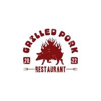 Vintage Grunge Burnt Pig Logo For Restaurant Grilled pork smoked pork vector