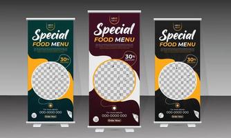 Food roll up banner and delicious food menu design template vector
