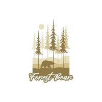 bosque de pinos con diseño de logotipo de silueta de oso interior de bosque sereno de hoja perenne vector