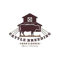 Cow Farm Vintage Logo With Barn vector