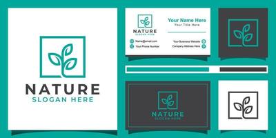 Nature tree or grow plant with square line art style logo and business card design vector