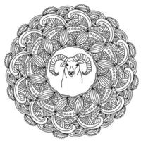 Outline zen mandala with fantasy patterns and an image of Aries in the center, zodiac sign and antistress doodle coloring page vector